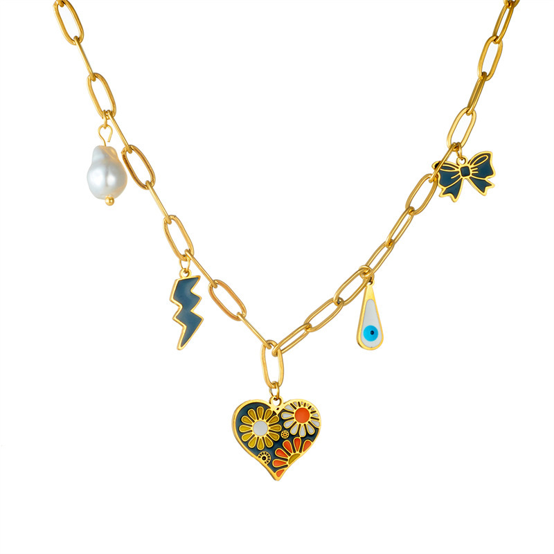 Cross-border fashion, versatile, trendy, cool painted drip heart daisy lightning bow pendant chain stainless steel necklace