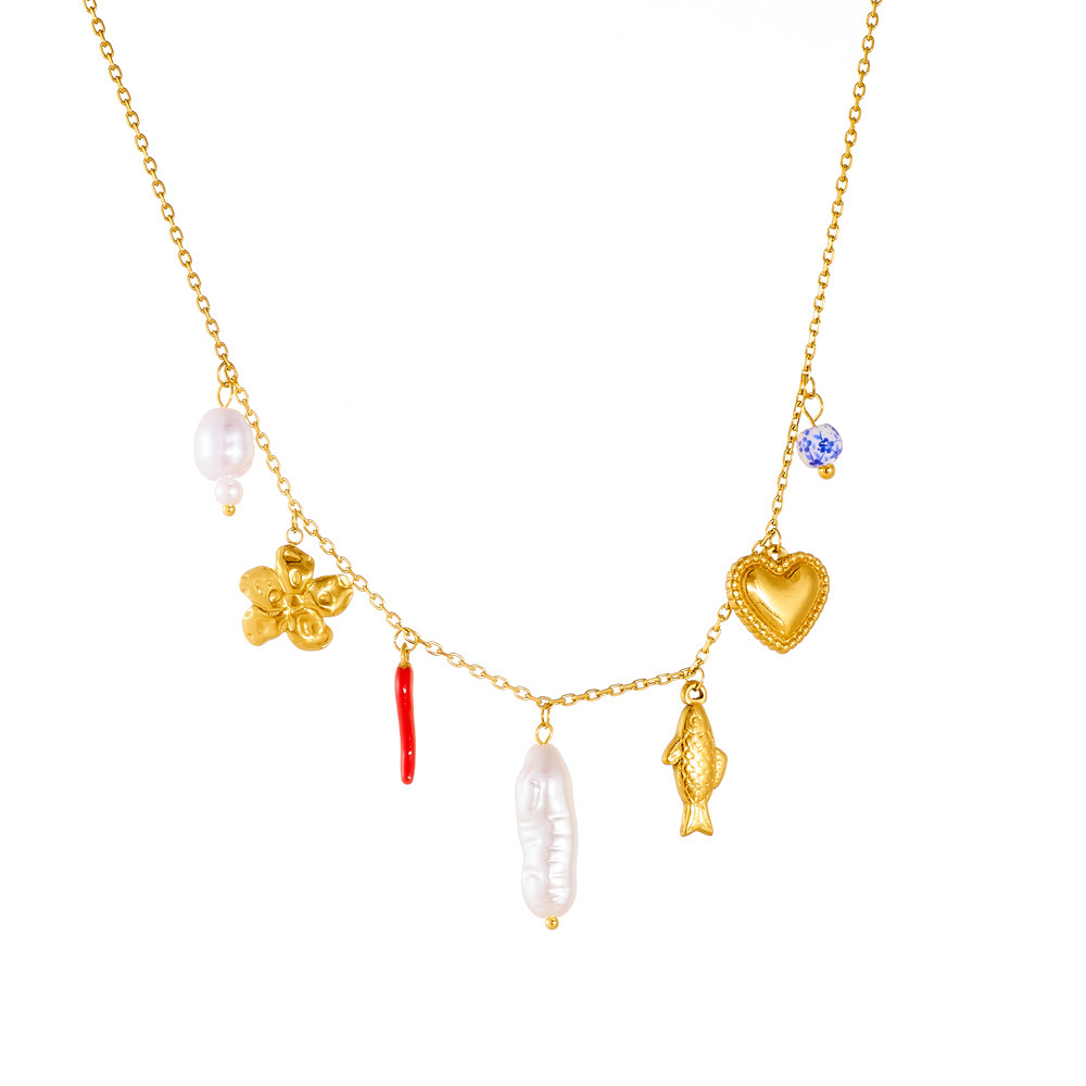 Korean style fashion multi-element accessory irregular pearl long bar gold-plated heart flower fish pendant chain necklace