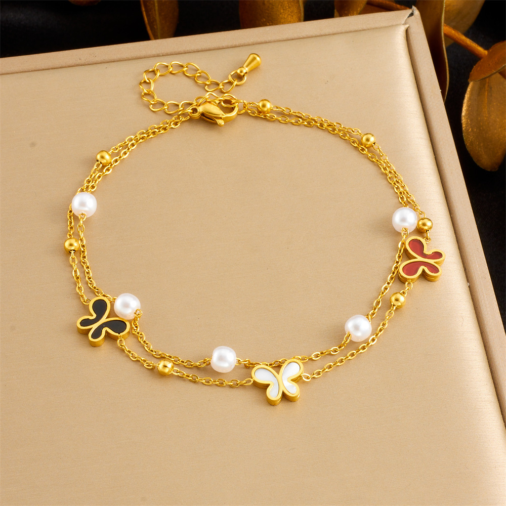 Stylish and simple colorful shimmering seashell and butterfly double-layered beach style stainless steel chain pearl starfish anklet