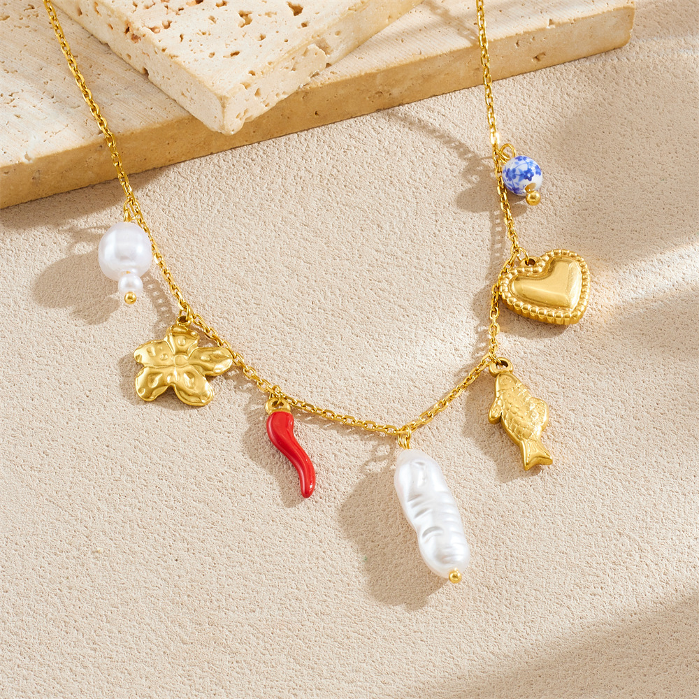 Korean style fashion multi-element accessory irregular pearl long bar gold-plated heart flower fish pendant chain necklace