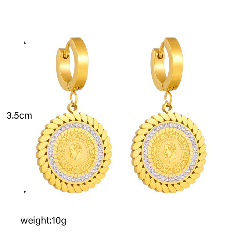 European and American cross-border personalized retro diamond-encrusted round portrait pendant stainless steel accessories earrings