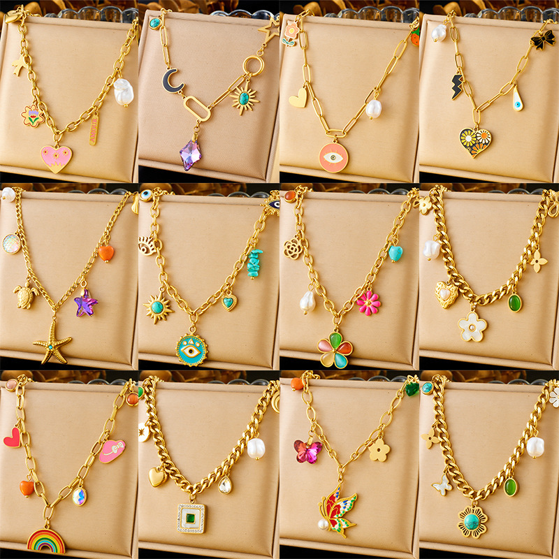 Fashionable cross-border colorful dopamine dripping oil rainbow flower accessories pendant eyes butterfly chain stainless steel necklace