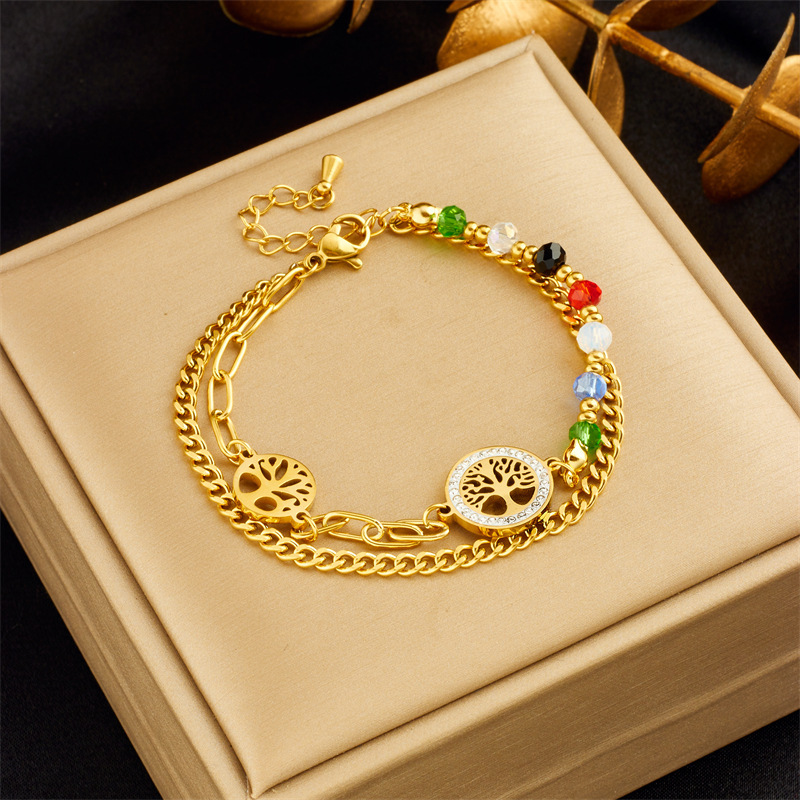 European and American fashion retro irregular chain round tree of life connected colorful bead double-layer bracelet