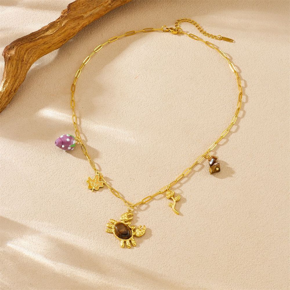 European and American style stainless steel tiger eye stone crab grape vacation style cartoon sea maple leaf rose pendant DIY necklace