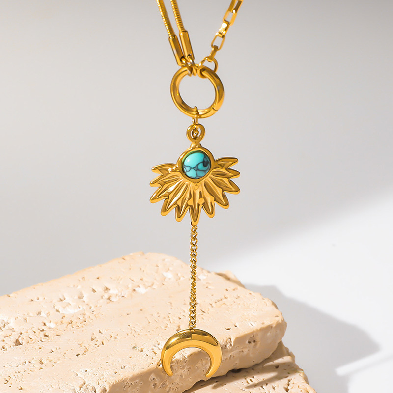 European and American cross-border fashion retro long tassel moon pendant stainless steel fan-shaped turquoise accessory chain necklace for women
