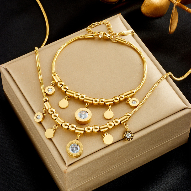 European and American style elegant women's light luxury zircon jewelry bracelet necklace round pendant beaded chain jewelry set