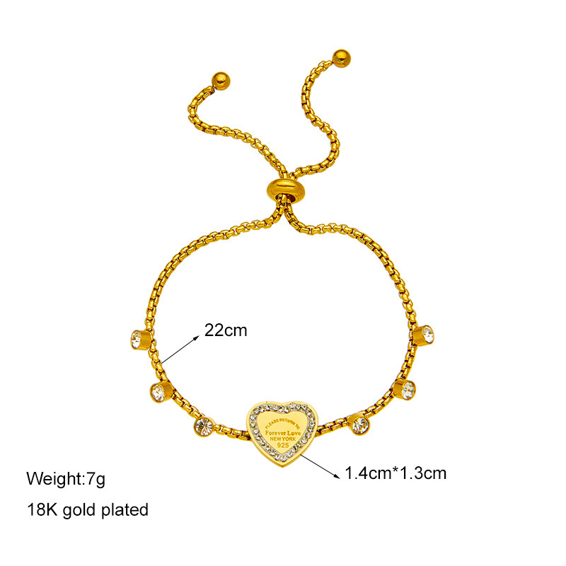 Fashionable European and American style, high-end minimalist luxury, niche brand, diamond-encrusted heart-shaped round diamond adjustable chain titanium steel bracelet