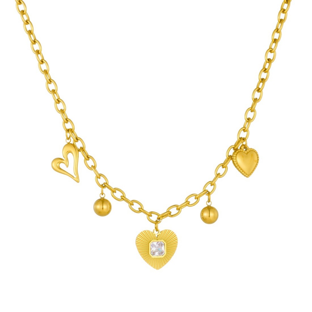 Korean style fashion gold-plated diamond-encrusted heart-shaped hollow pendant with round sphere accessories chain stainless steel jewelry necklace