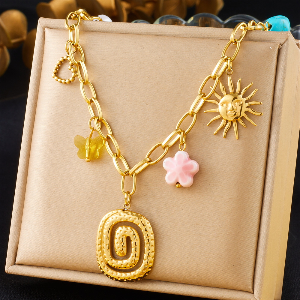 Cross-border fashion spiral oval heart-shaped pendant sweater chain crystal butterfly flower multi-element accessory necklace