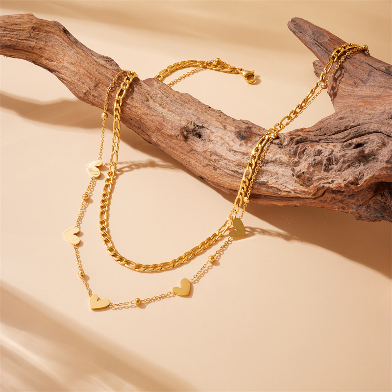 European and American cross-border fashion versatile double-layered heart chain stainless steel gold-plated necklace