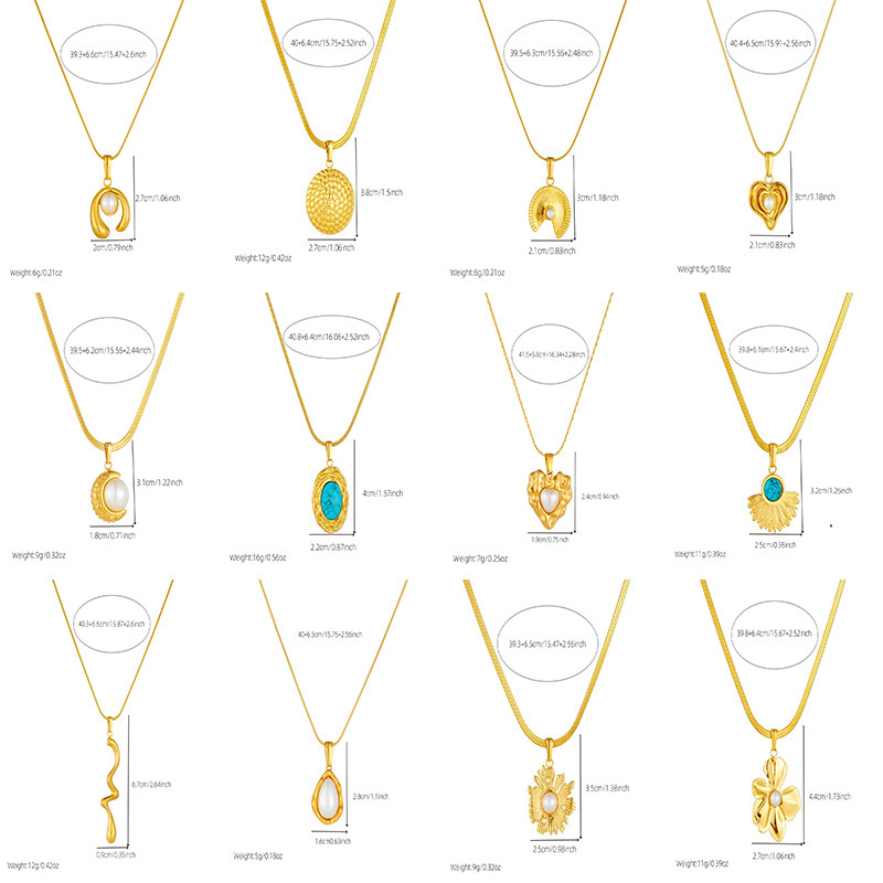 Cross-border fashion gold-plated retro heart-shaped fan-shaped blue turquoise pearl accessories stainless steel pendant earring necklace set