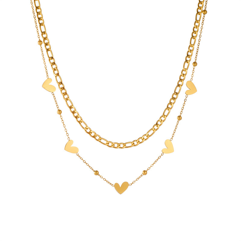 European and American cross-border fashion versatile double-layered heart chain stainless steel gold-plated necklace