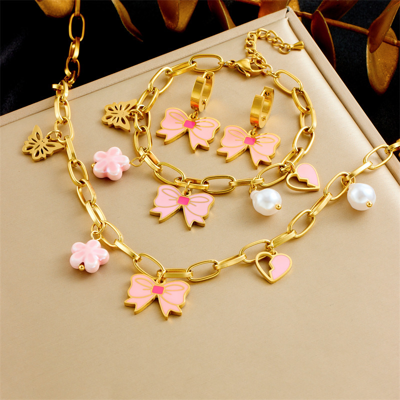 Korean style fashionable sweet and cute oil-pink bow flower cherry butterfly accessory stainless steel jewelry set