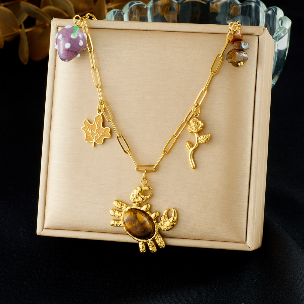 European and American style stainless steel tiger eye stone crab grape vacation style cartoon sea maple leaf rose pendant DIY necklace