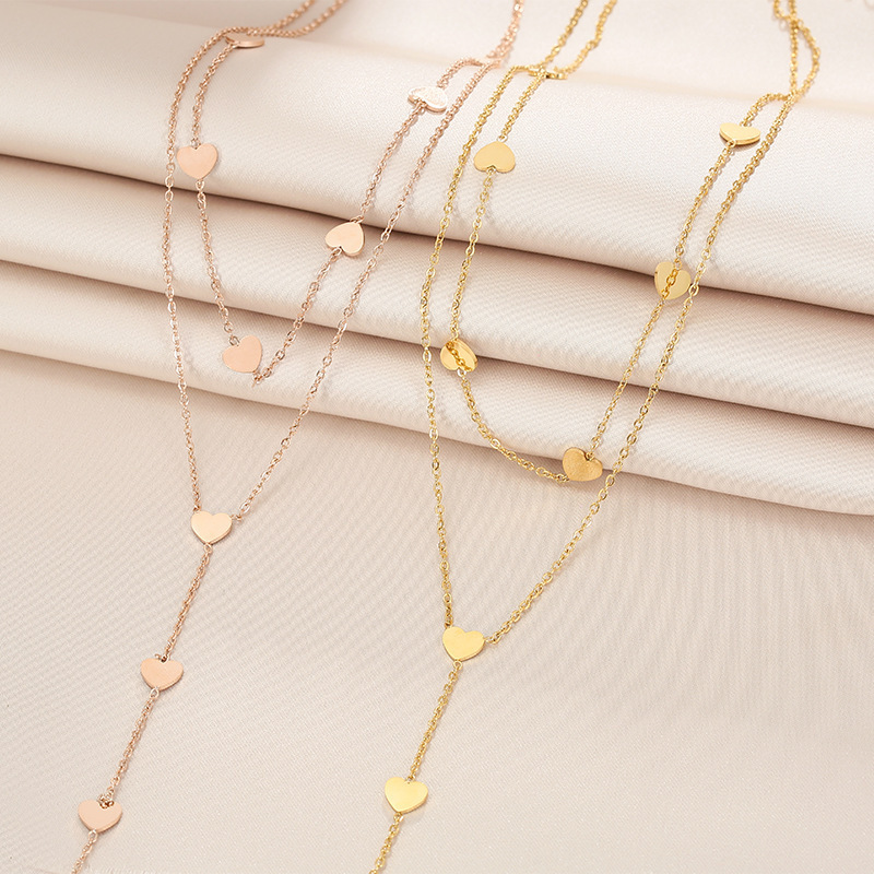 Korean style, minimalist, unique, creative, versatile, multi-layered long tassel heart chain titanium steel stackable necklace