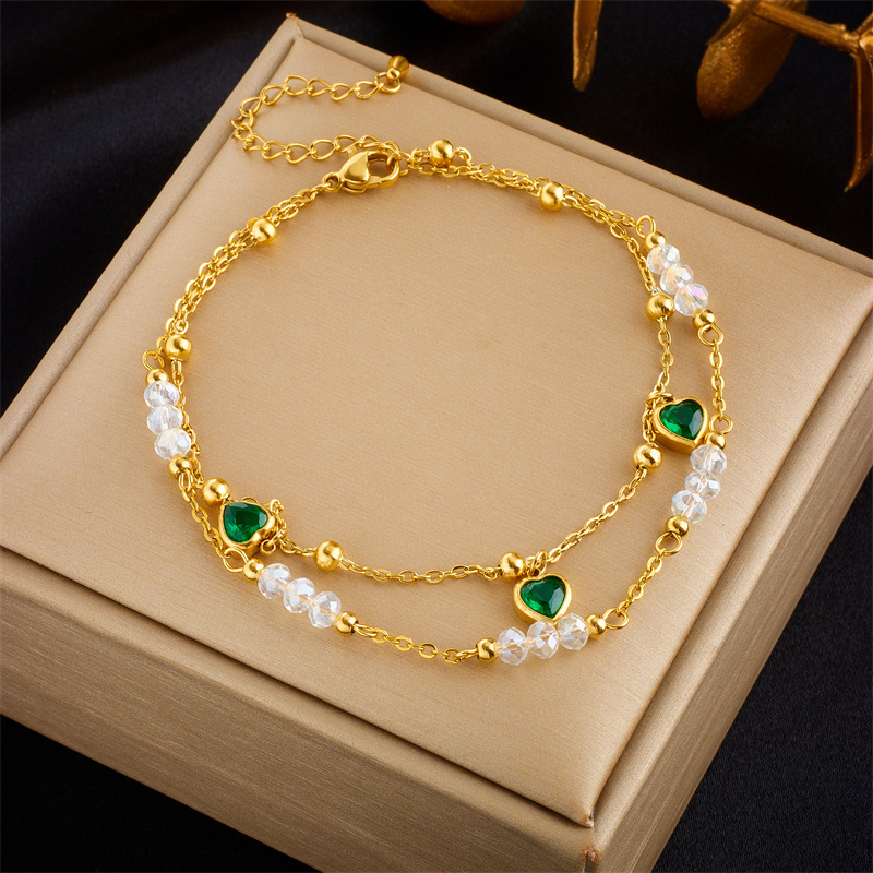 Fashionable, niche design, minimalist, high-end, retro double-layered pearl heart-shaped diamond-encrusted five-pointed star pendant anklet