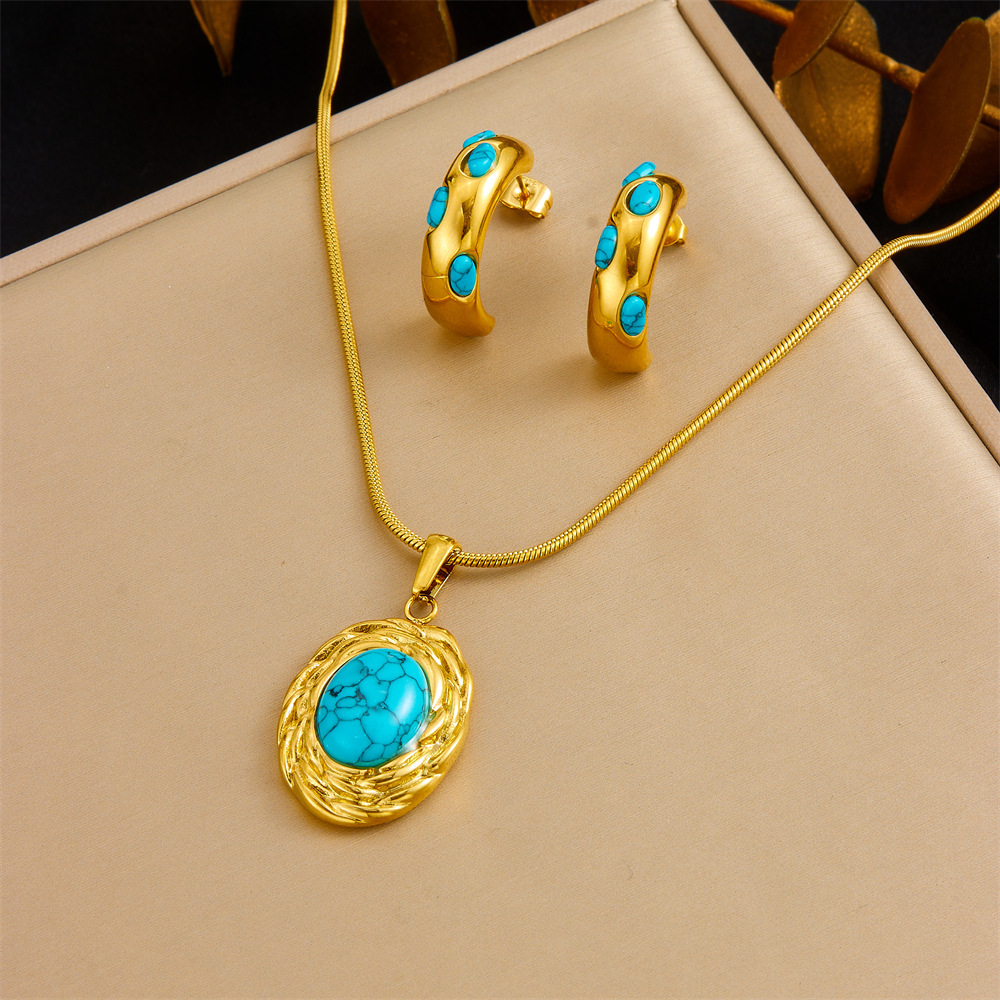 Cross-border fashion gold-plated retro heart-shaped fan-shaped blue turquoise pearl accessories stainless steel pendant earring necklace set