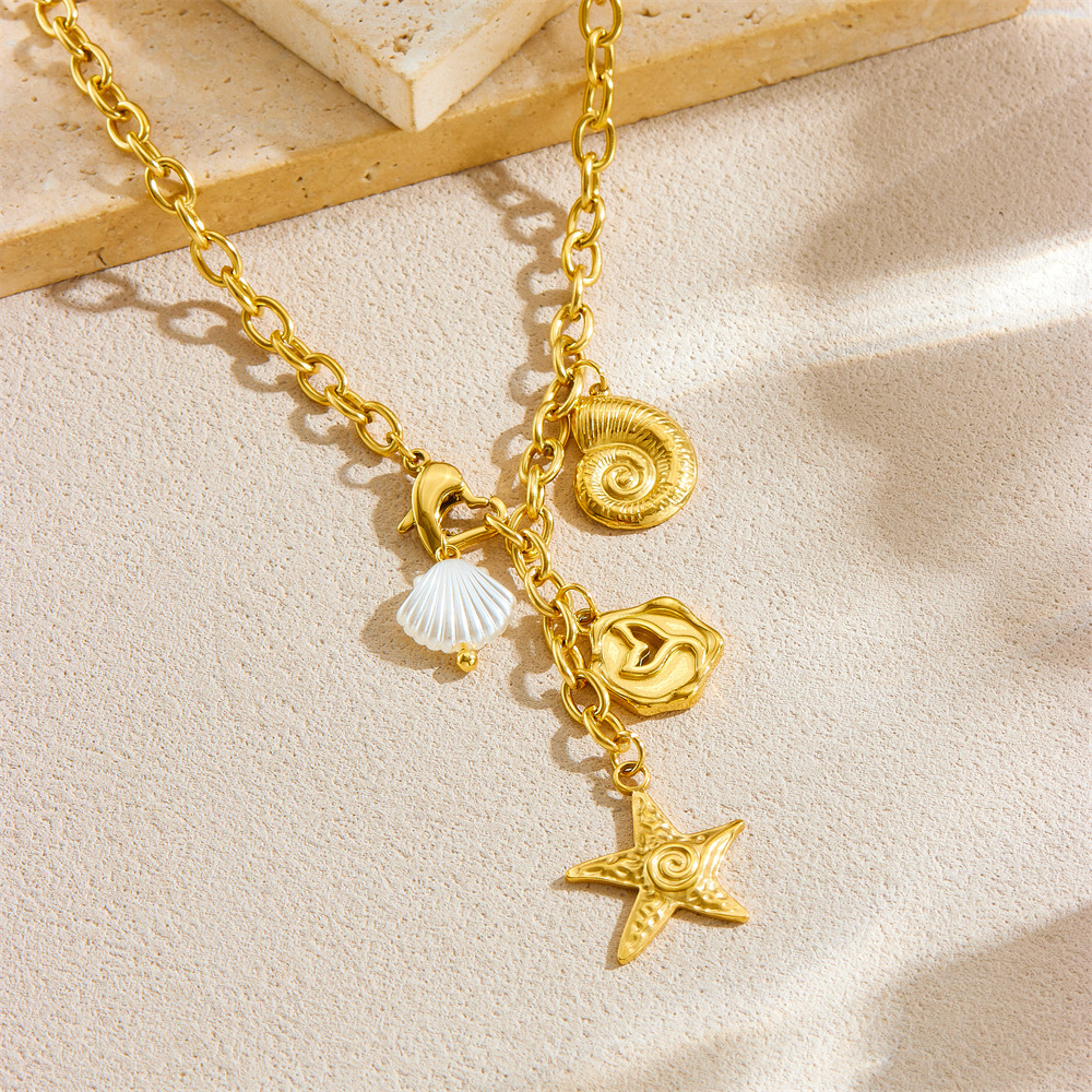 European and American fashion ocean style pendant starfish tail seashell gold-plated stainless steel chain jewelry necklace