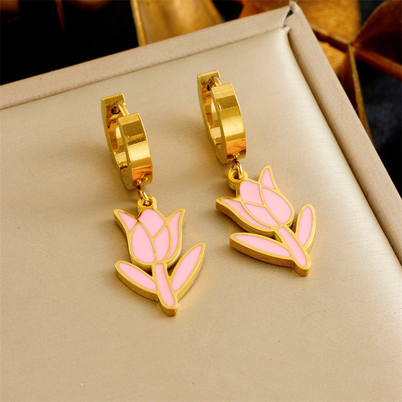 Korean style fashionable sweet and cute oil-pink bow flower cherry butterfly accessory stainless steel jewelry set