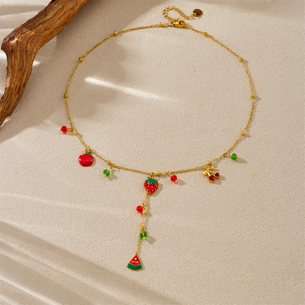 European and American fashion niche design pastoral style fruit series oil drip simulated strawberry watermelon pendant stainless steel necklace