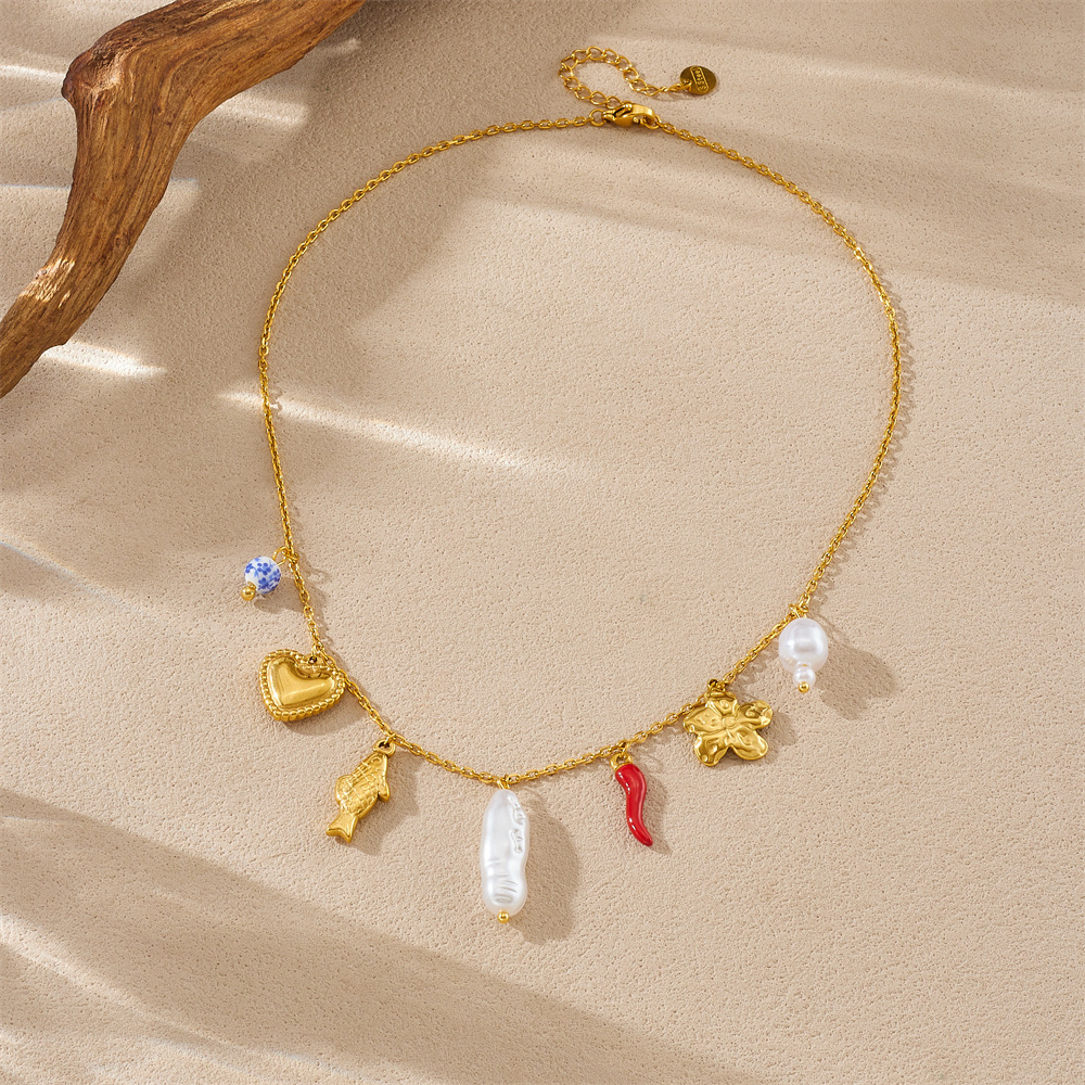 Korean style fashion multi-element accessory irregular pearl long bar gold-plated heart flower fish pendant chain necklace