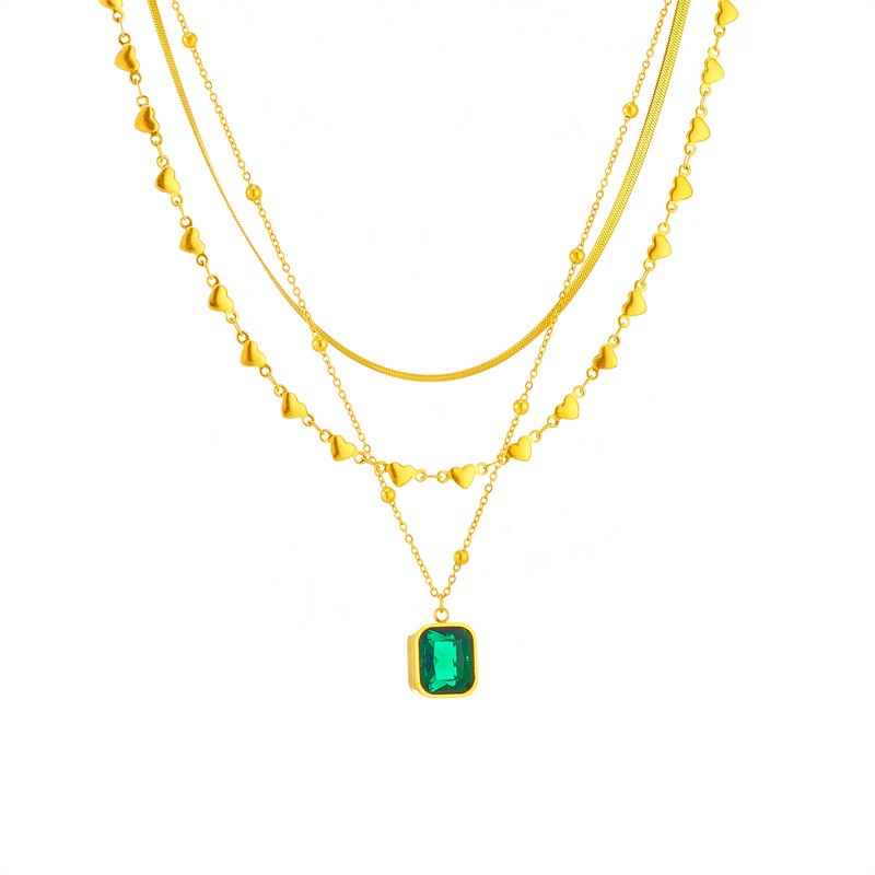 European and American style multi-layered mixed and matched heart snake chain emerald diamond square pendant high-end versatile necklace