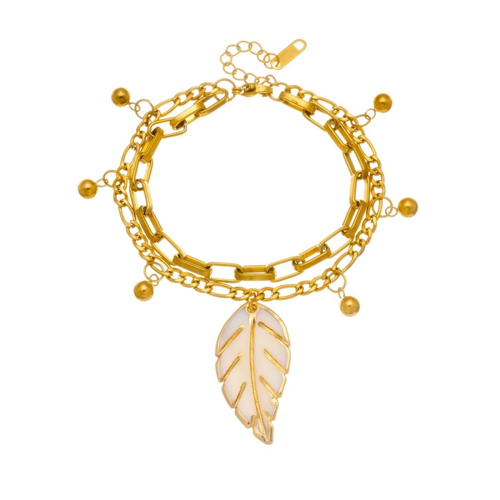 Cross-border fashion vintage layered metal double-layer stainless steel chain gold bead drip oil leaf pendant accessory bracelet