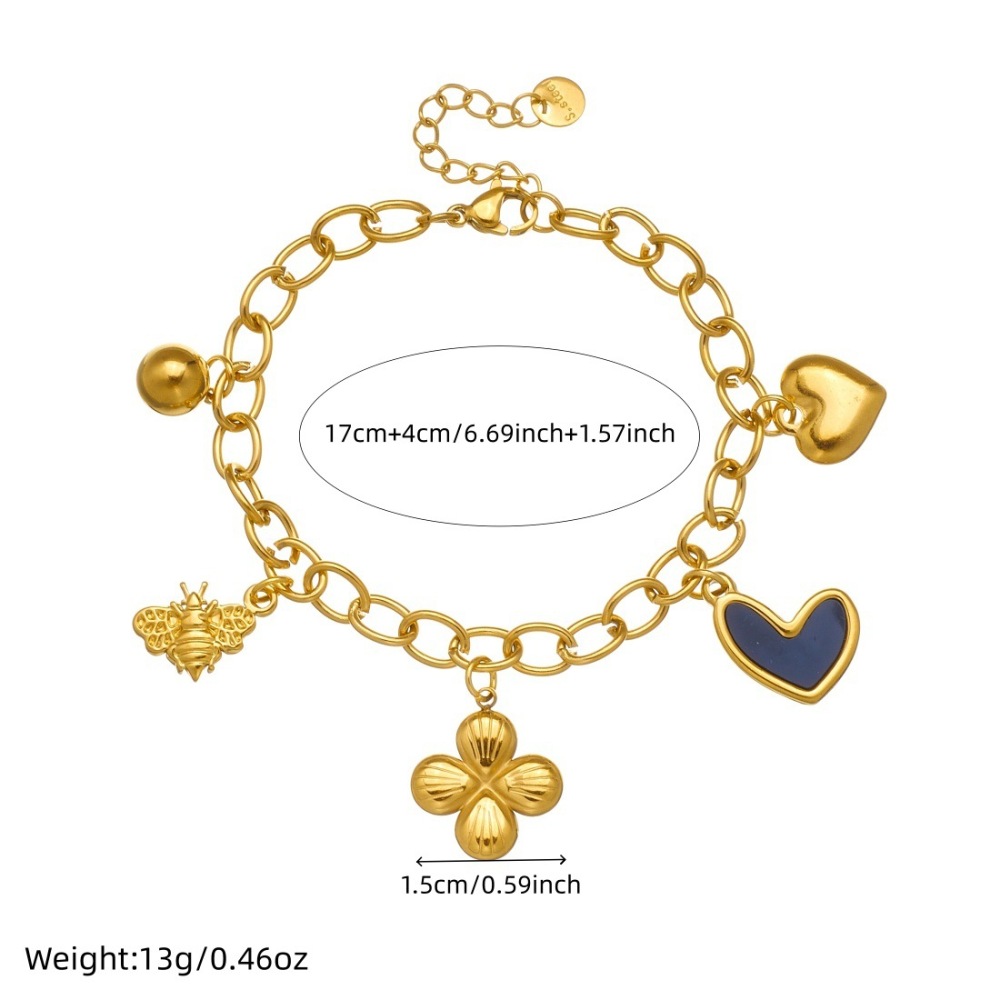 Korean style, fashionable and simple, gold-plated black dripping heart and flower pendant, stainless steel chain, versatile jewelry bracelet.