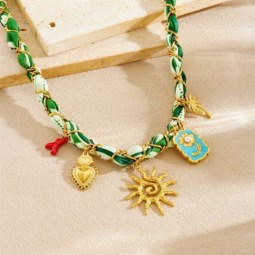 European and American cross-border fashion printed ribbon gold-plated chain wrapped necklace with dripping square flower sun pendant necklace