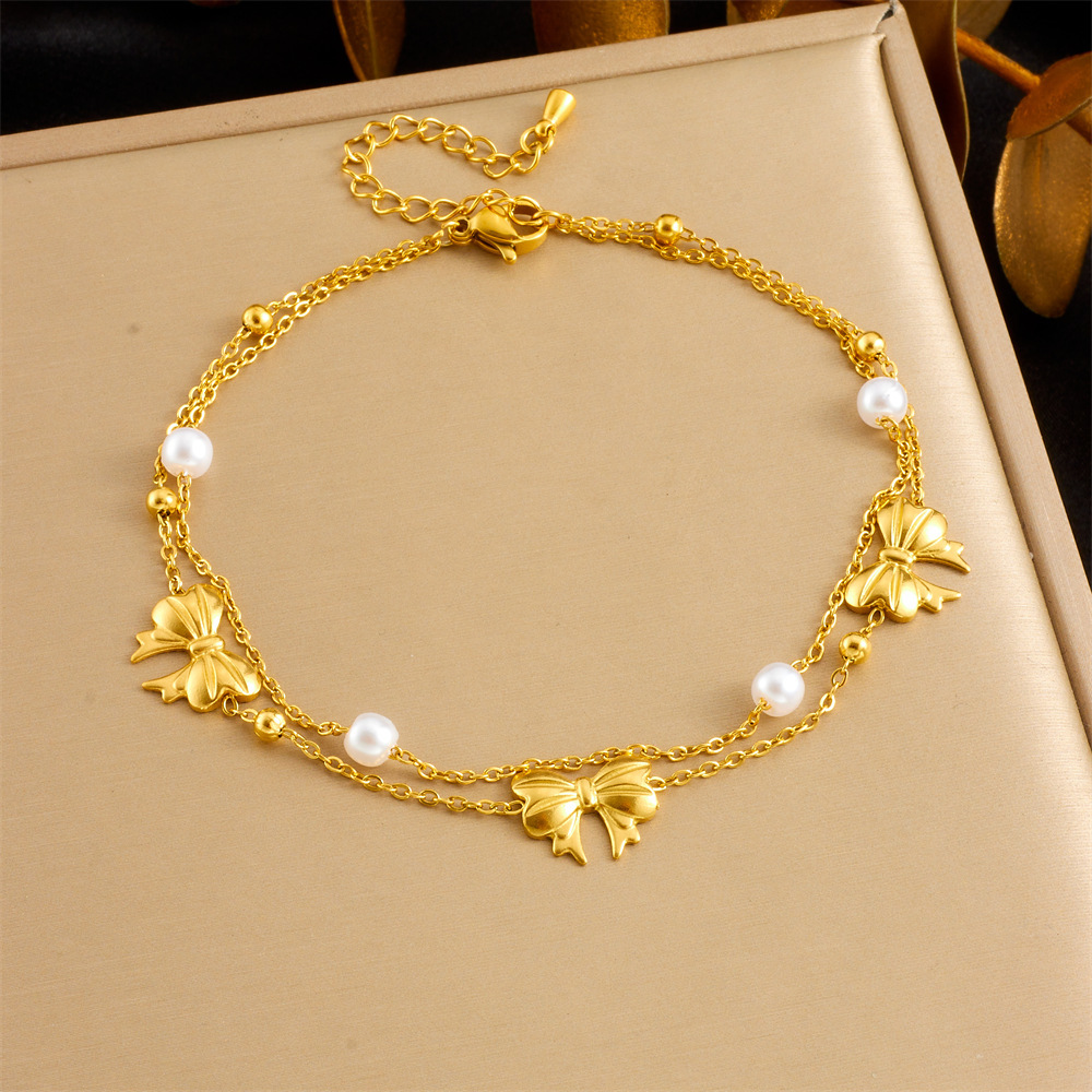Stylish and simple colorful shimmering seashell and butterfly double-layered beach style stainless steel chain pearl starfish anklet