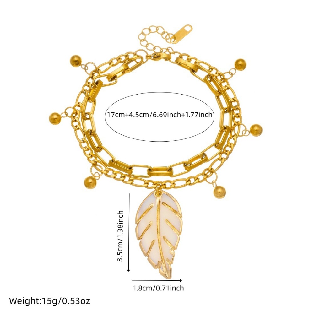 Cross-border fashion vintage layered metal double-layer stainless steel chain gold bead drip oil leaf pendant accessory bracelet