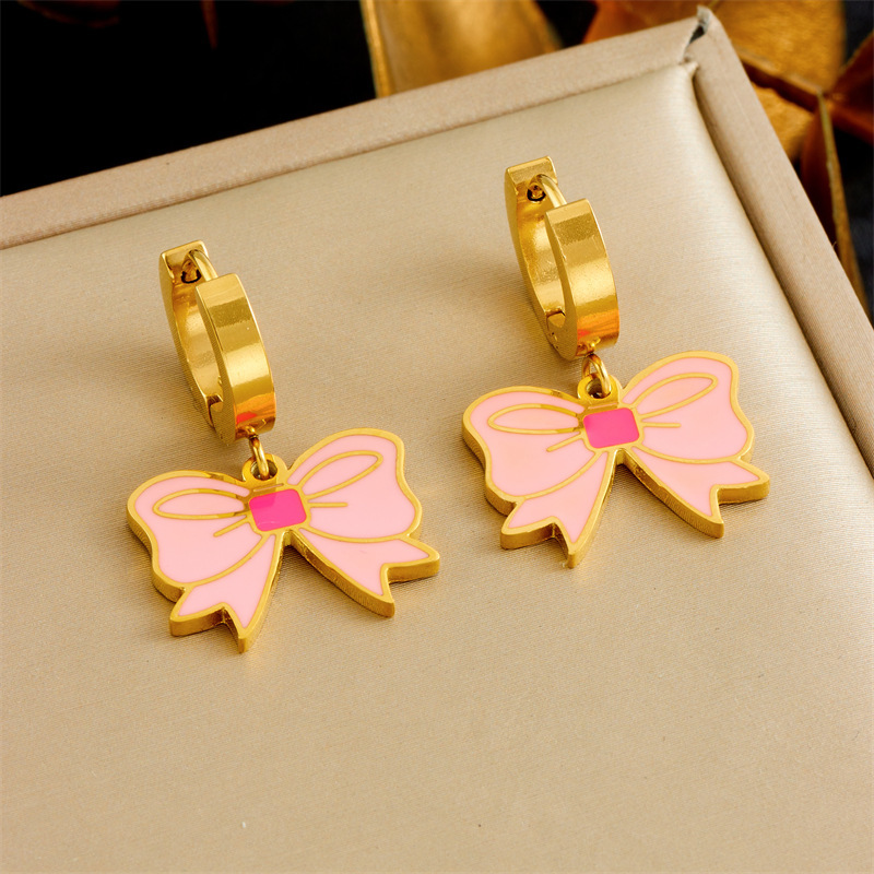 Korean style fashionable sweet and cute oil-pink bow flower cherry butterfly accessory stainless steel jewelry set