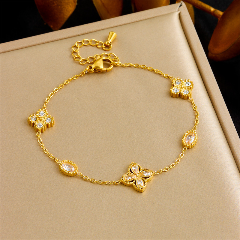 Fashionable cross-border rhinestone diamond four-petal flower double-layer chain pearl accessories geometric stainless steel bracelet