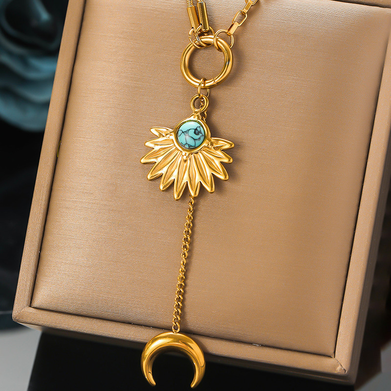 European and American cross-border fashion retro long tassel moon pendant stainless steel fan-shaped turquoise accessory chain necklace for women