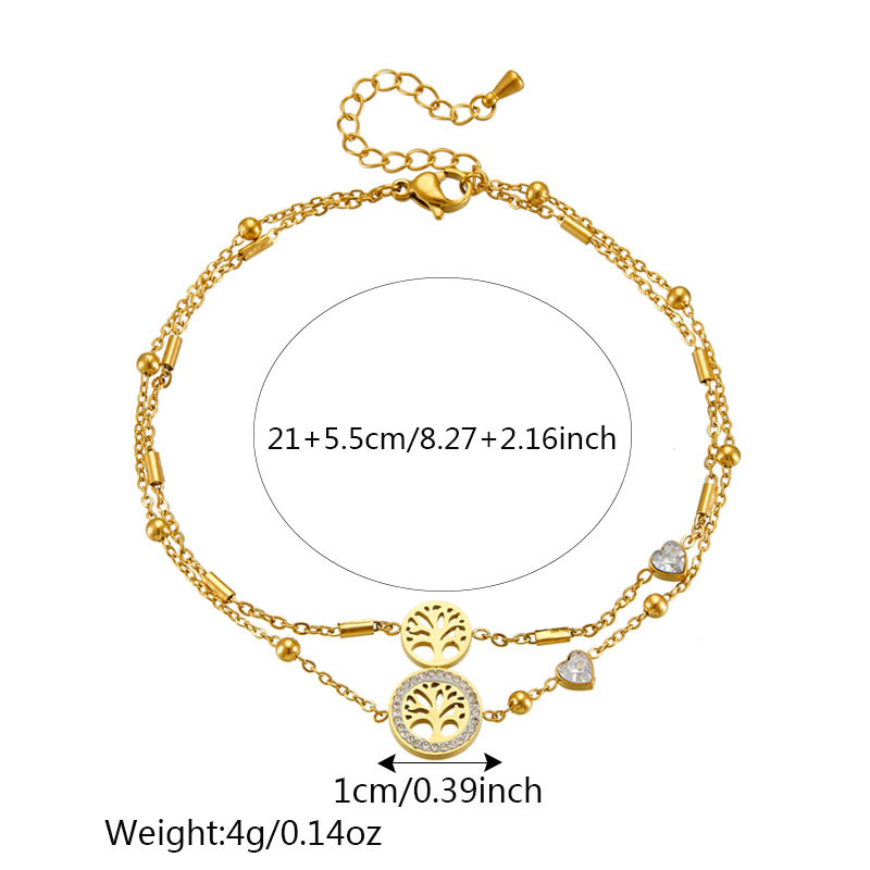 European and American cross-border fashion retro minimalist double-layered heart-shaped diamond-encrusted tree of life accessory chain anklet