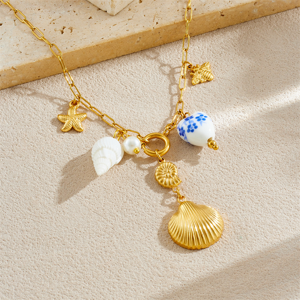 New cross-border ocean series summer vacation fan, seashell, starfish, painted print heart pendant necklace