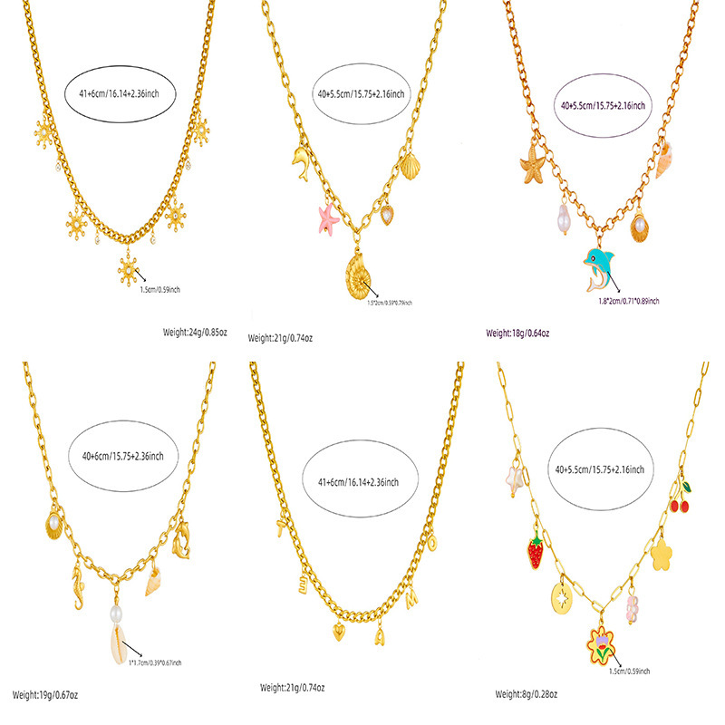 Fashionable and unique resort-style ocean-themed necklace with dripping dolphin, pearl, seashell, and starfish design, featuring a chunky stainless steel chain.