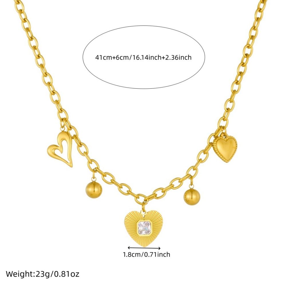 Korean style fashion gold-plated diamond-encrusted heart-shaped hollow pendant with round sphere accessories chain stainless steel jewelry necklace