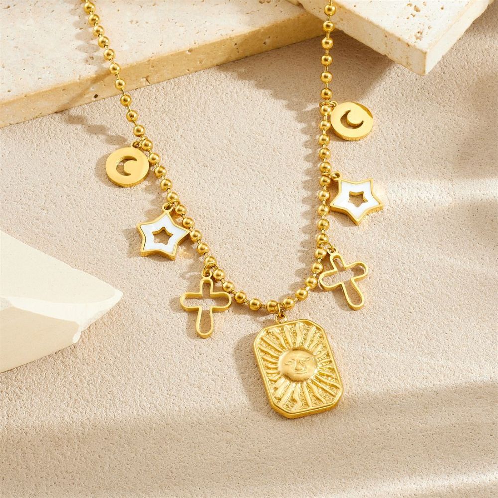 Fashionable, luxurious, retro-style gold-plated pendant with embossed sun, hollowed-out stars, moon, and cross design, beaded necklace.