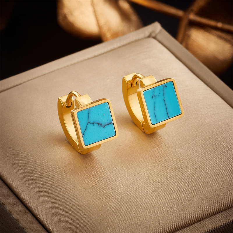 European and American fashion cross-border niche retro minimalist high-end versatile square geometric turquoise titanium steel earrings