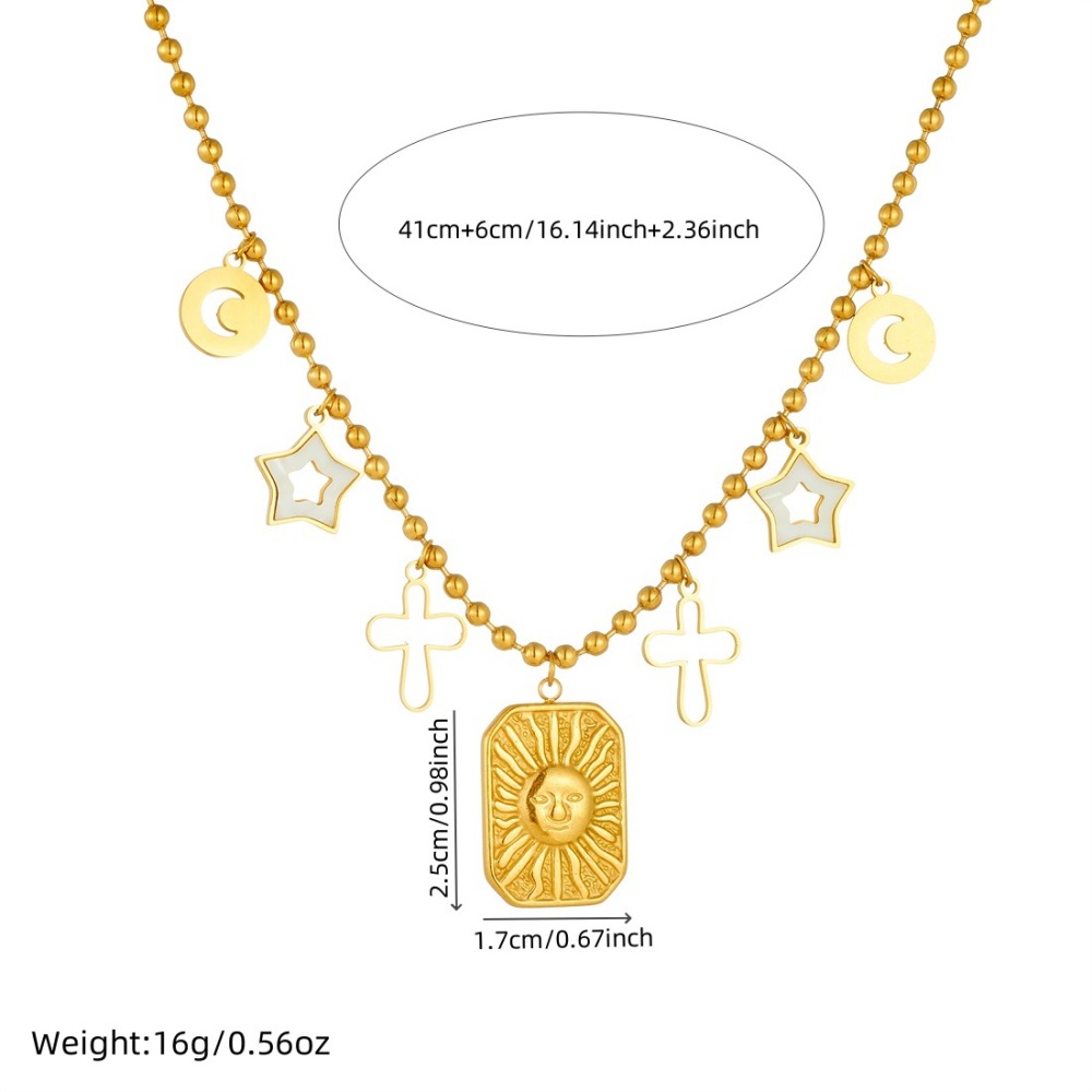 Fashionable, luxurious, retro-style gold-plated pendant with embossed sun, hollowed-out stars, moon, and cross design, beaded necklace.