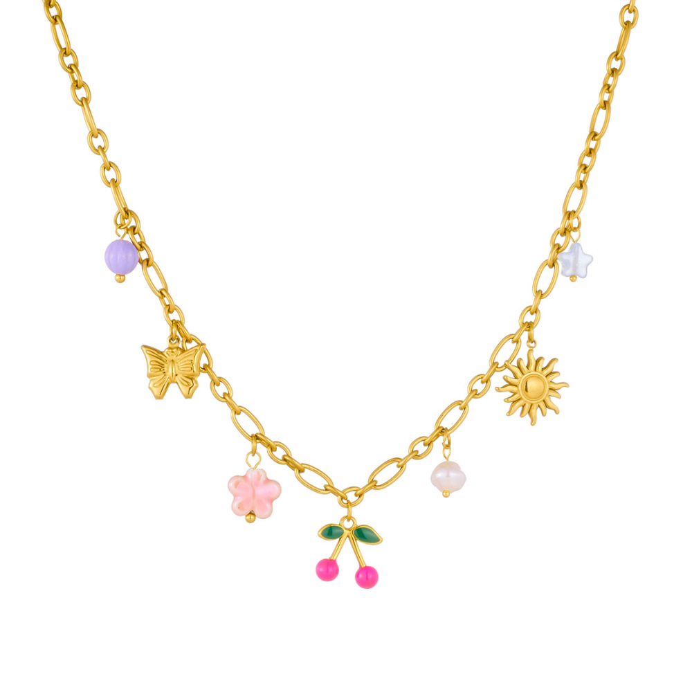New retro pearl flower drip cherry clavicle chain, sweet and versatile gold-plated sun butterfly pendant necklace