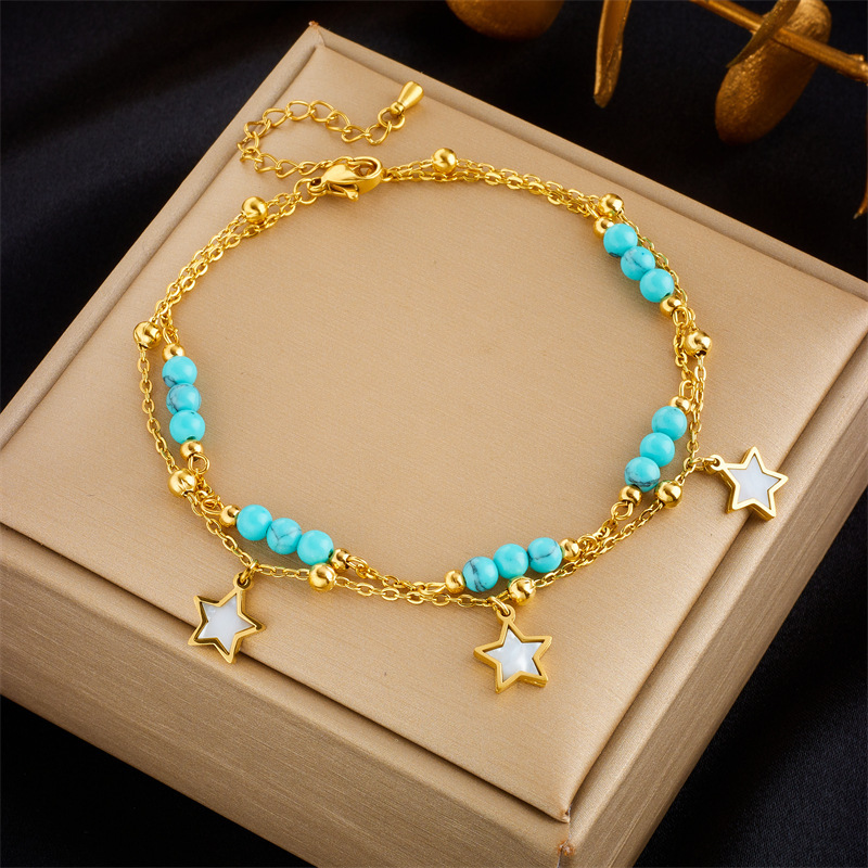 Fashionable, niche design, minimalist, high-end, retro double-layered pearl heart-shaped diamond-encrusted five-pointed star pendant anklet