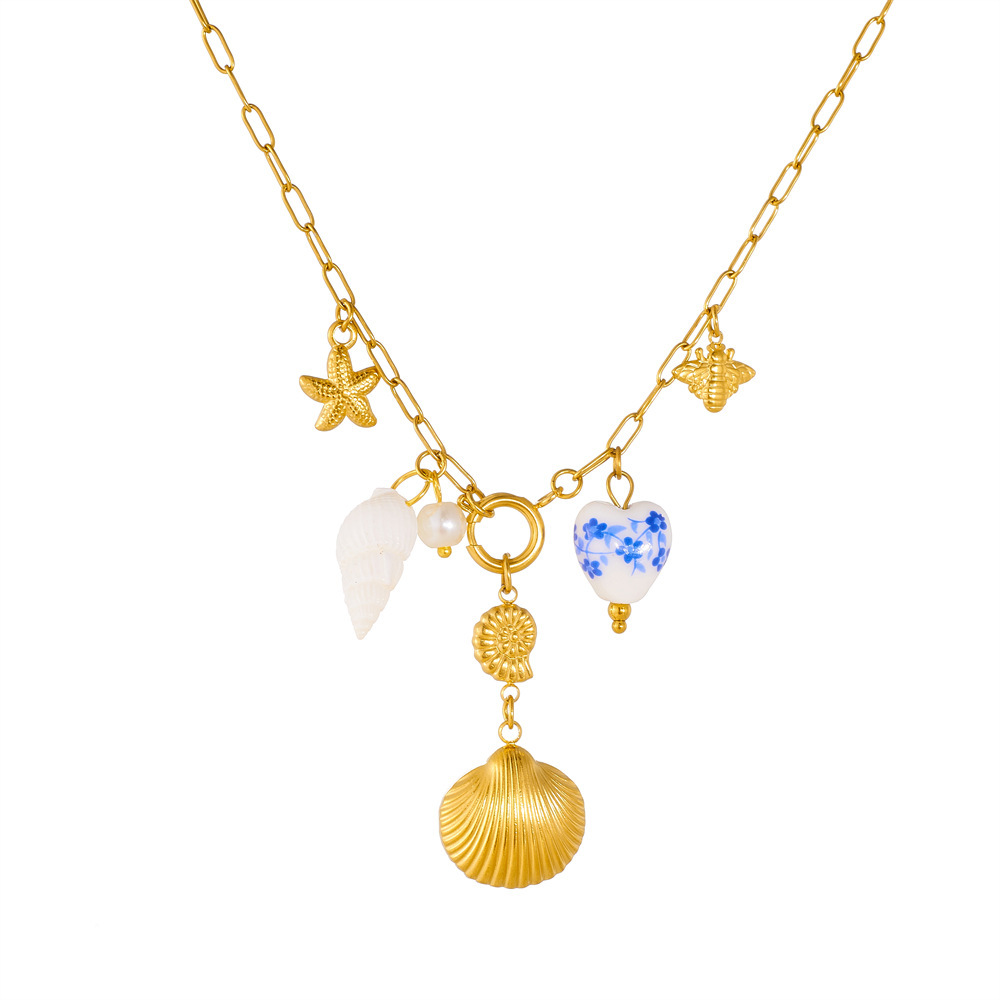 New cross-border ocean series summer vacation fan, seashell, starfish, painted print heart pendant necklace