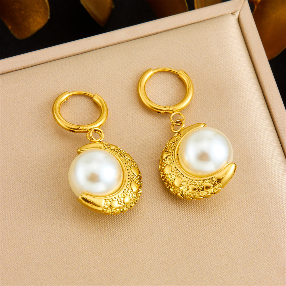 Cross-border fashion gold-plated retro heart-shaped fan-shaped blue turquoise pearl accessories stainless steel pendant earring necklace set