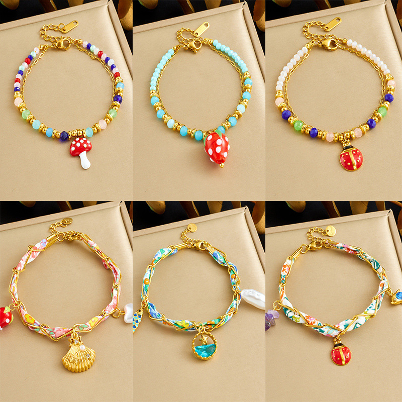 European and American cross-border colored plastic faceted beaded chain, rope chain, dripping oil, three-dimensional mushroom, strawberry, ladybug pendant bracelet