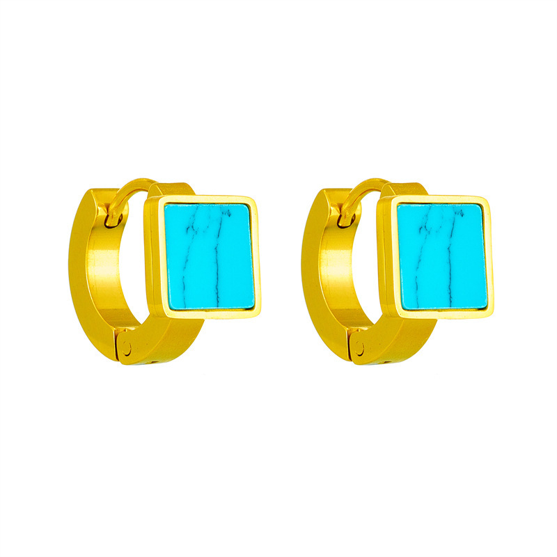 European and American fashion cross-border niche retro minimalist high-end versatile square geometric turquoise titanium steel earrings