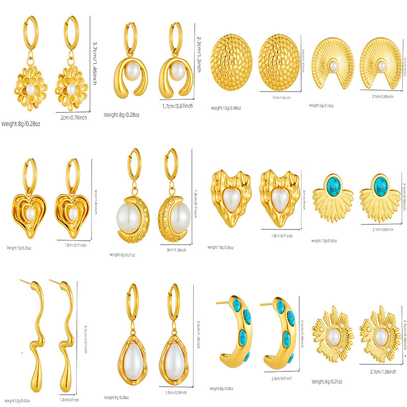 Cross-border fashion gold-plated retro heart-shaped fan-shaped blue turquoise pearl accessories stainless steel pendant earring necklace set