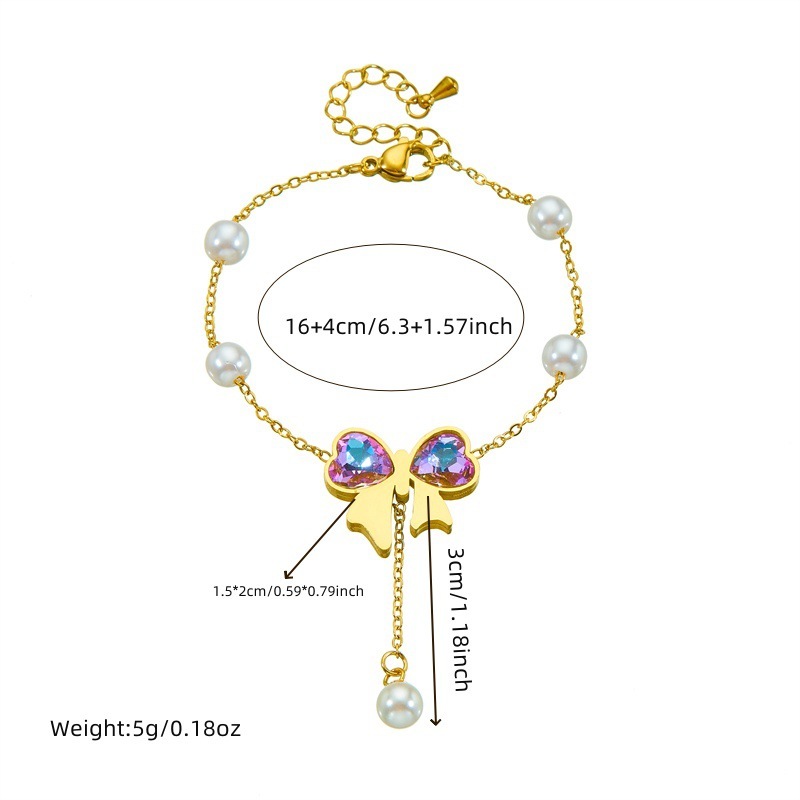 Cross-border fashion dazzling rhinestone bow gold-plated pearl chain stainless steel tassel pendant necklace and bracelet set