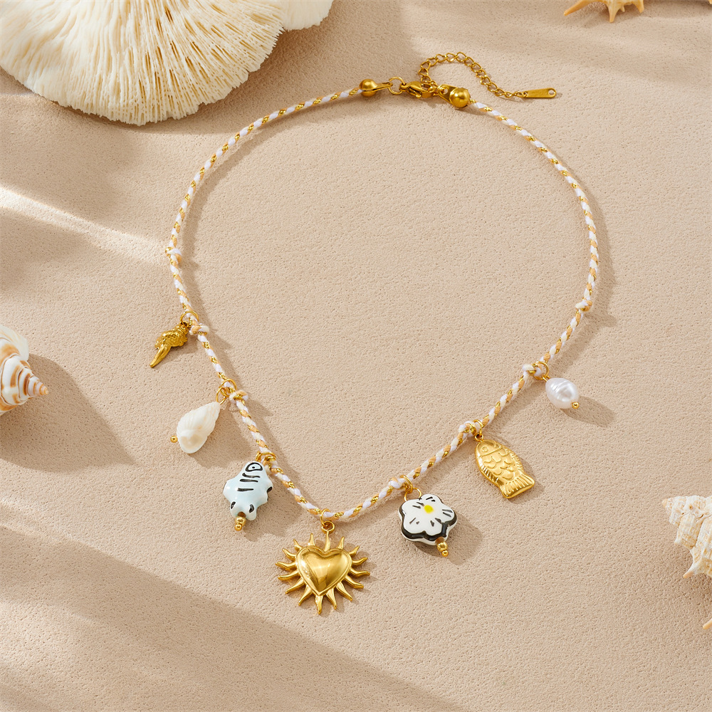 New cross-border fashion cute cartoon ceramic painted flower fish colorful hemp rope woven chain heart necklace